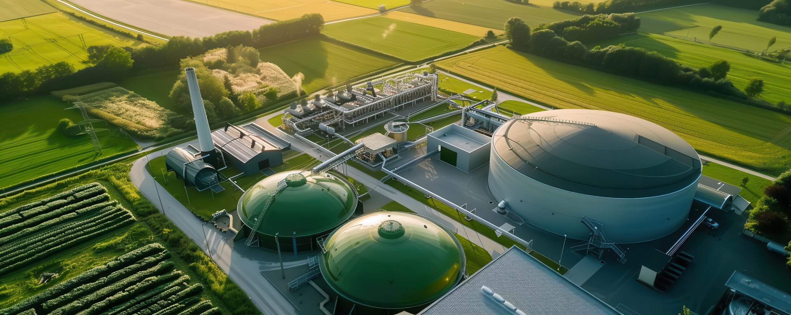 Aerial view of a modern biogas plant in a lush green rural landscape, showcasing renewable energy technology and sustainable practices.